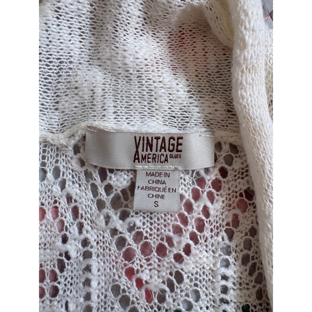Vintage America Blues Cream Knitted Open Front Cardigan Ruffle Hem Small - Picture 3 of 6